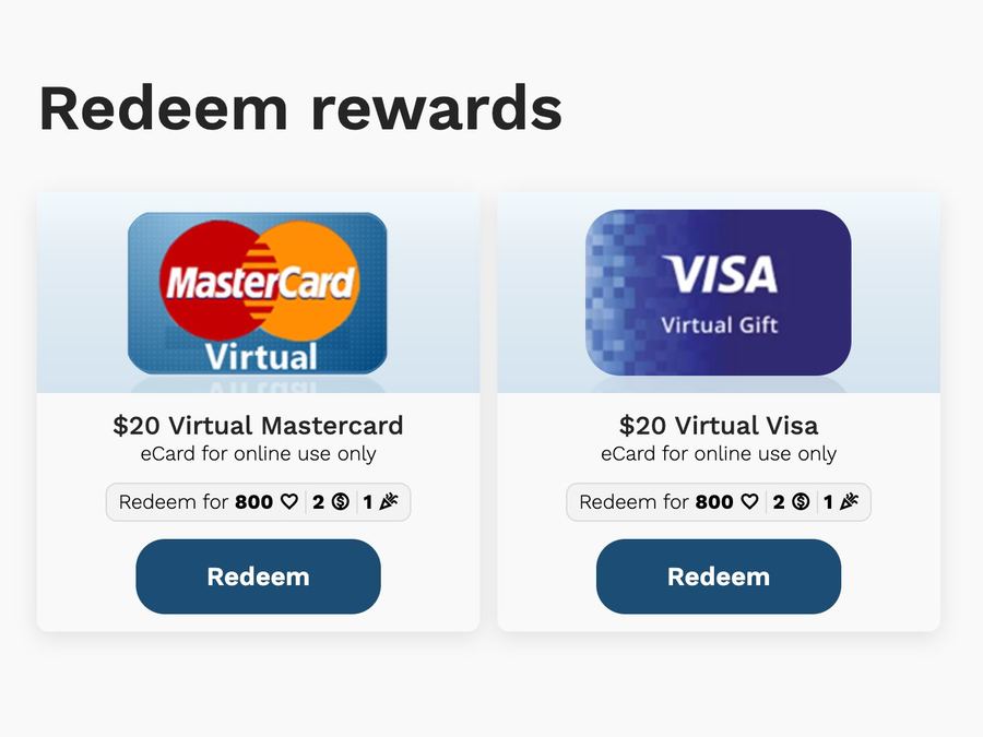 Redeem rewards page with gift card options